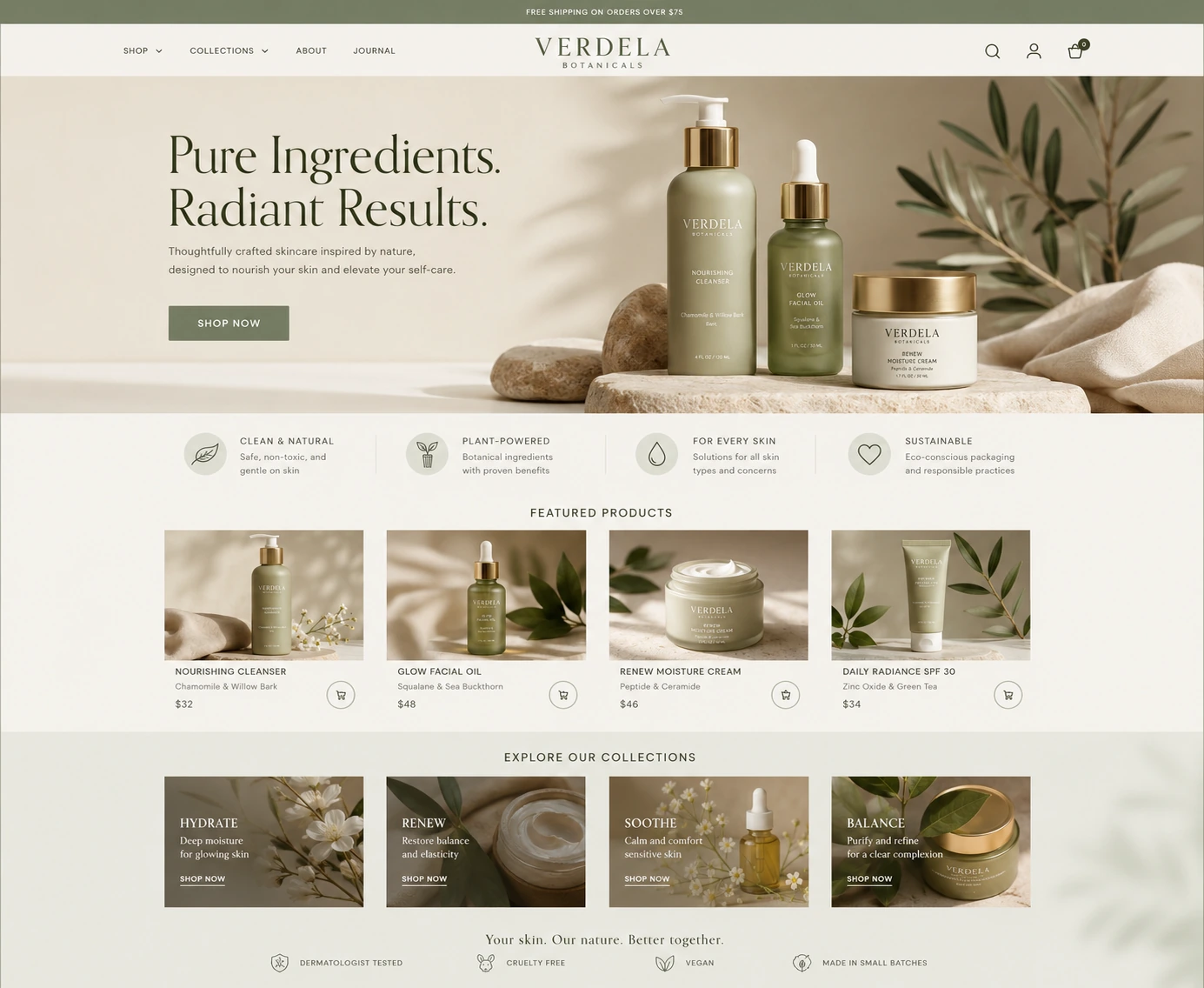 Premium botanical skincare ecommerce website design preview